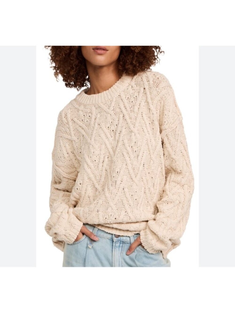 Free People Isla Cable Knit Sweater Womens Large Cream Cotton Acrylic Blend